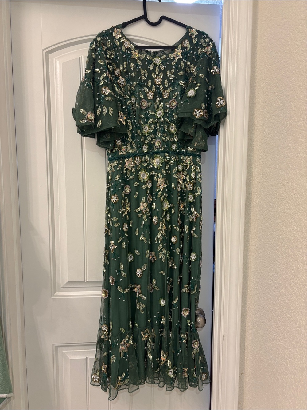 Mac Duggal Emerald Green Floral Maxi Dress with Flutter Sleeves